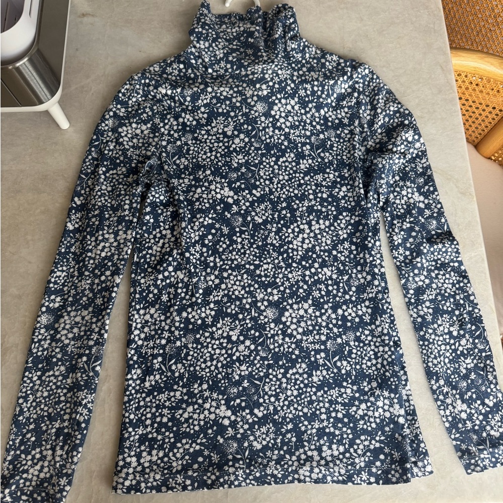 J. Crew Blue and White Floral Tissue Turtleneck Size XS
